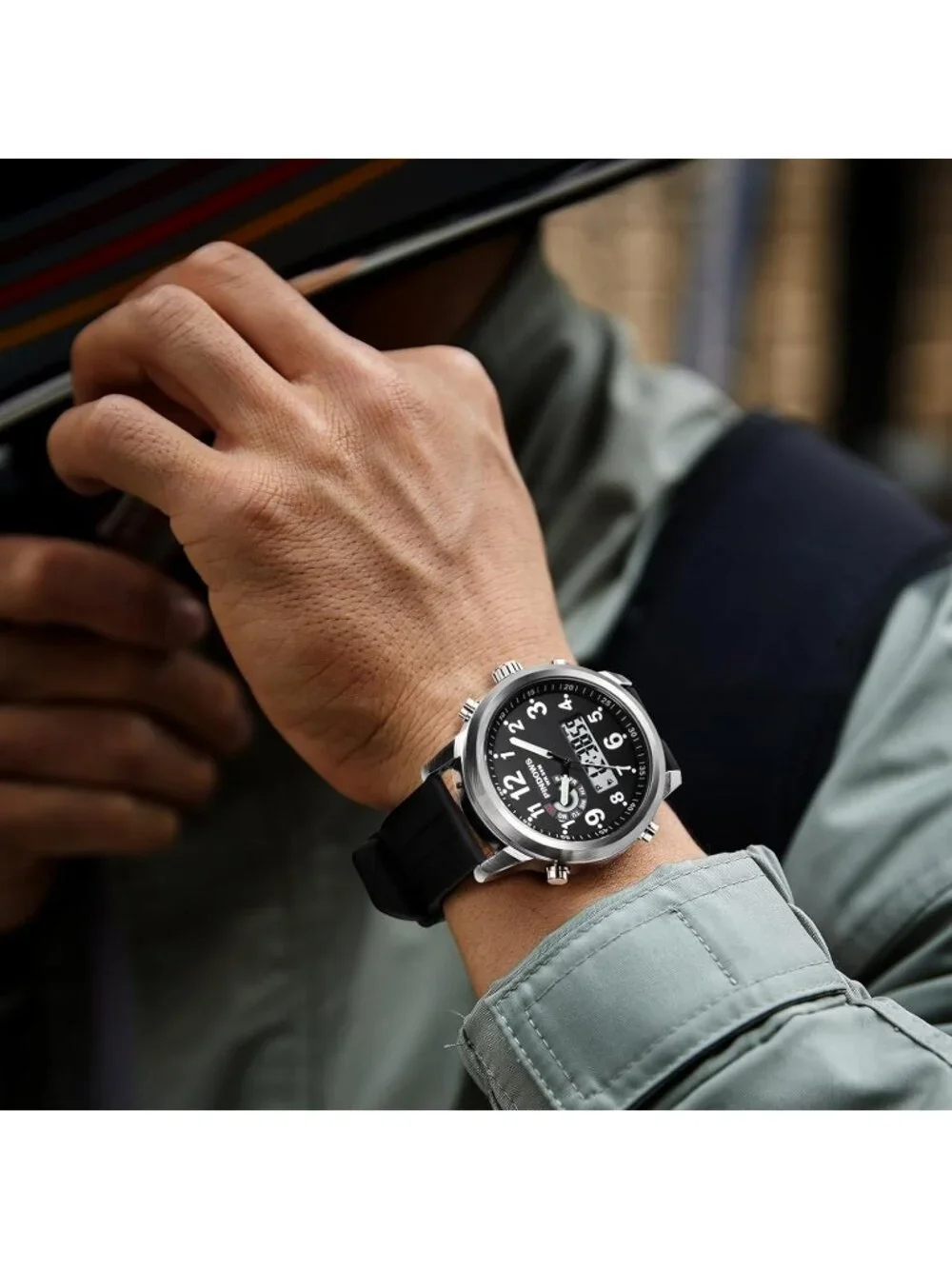 Men's Black Silver Analog Waterproof Military Multifunctional LED Digital Watch